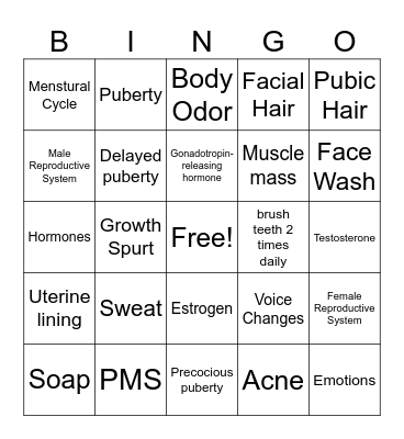 Puberty BINGO Card