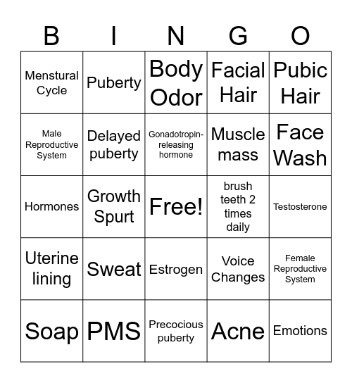Puberty BINGO Card