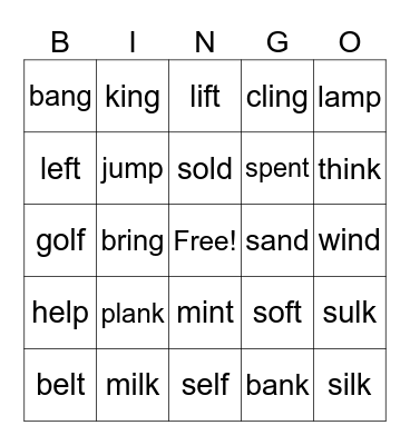 End Consonants Bingo Card