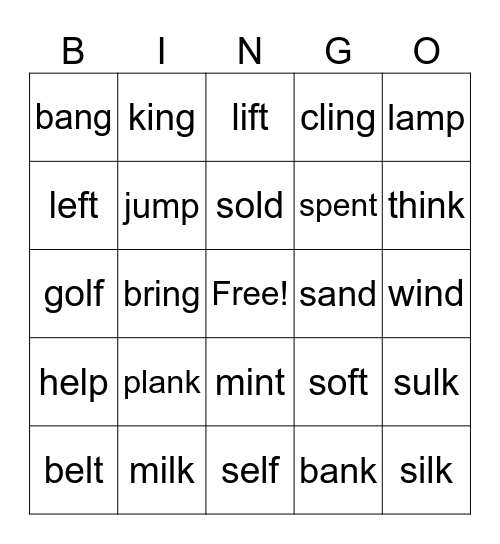End Consonants Bingo Card