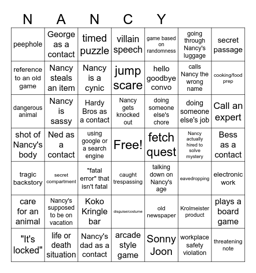 Nancy Drew Game Bingo Card
