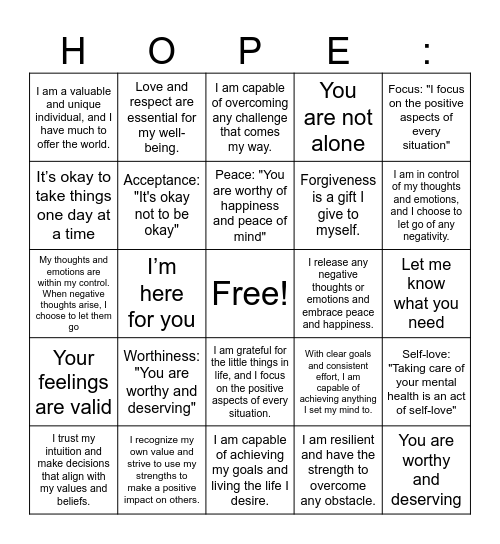 HOPE Squad BINGO Card