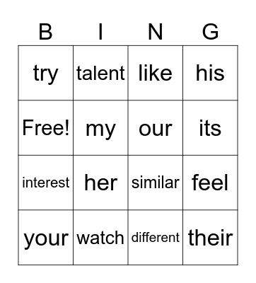 Getting to Know You & Possessive Adjectives Bingo Card
