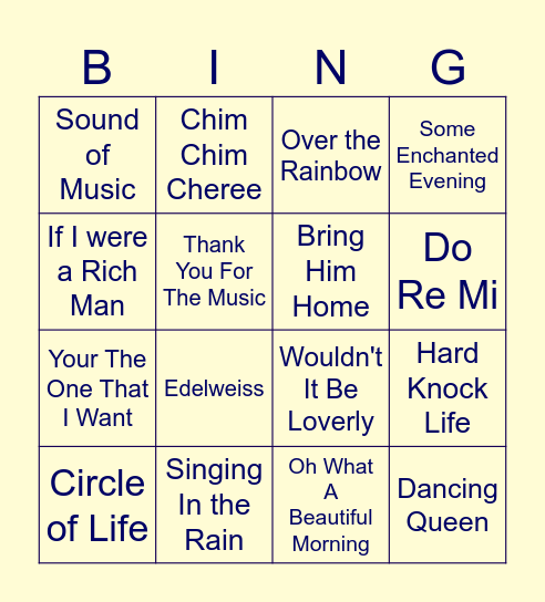 Songs From Musicals Bingo Card