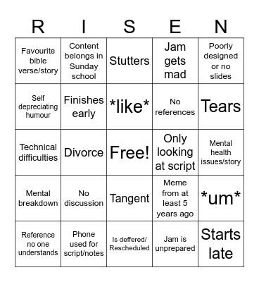 JAM'S RISE TALK Bingo Card