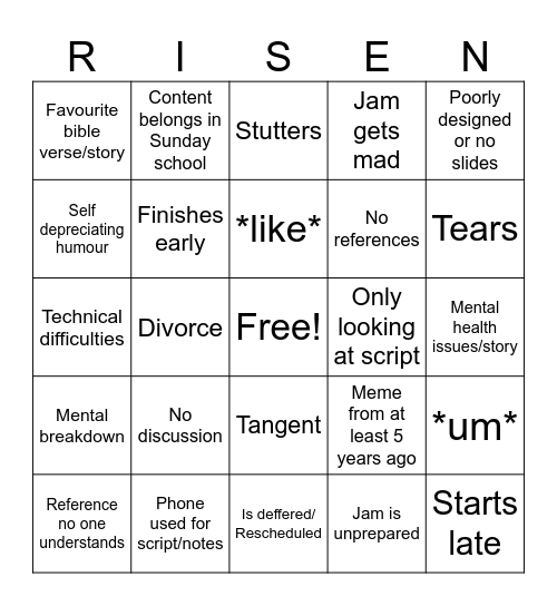 JAM'S RISE TALK Bingo Card