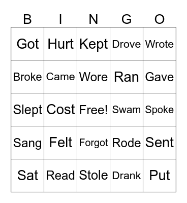 Irregular Verbs Bingo Card
