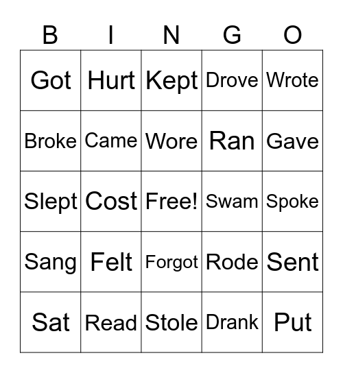 Irregular Verbs Bingo Card