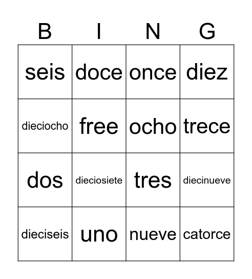 numeros 1-20 Bingo Card