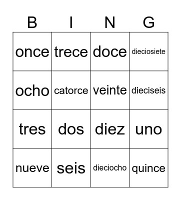 numeros 1-20 Bingo Card