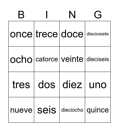 numeros 1-20 Bingo Card