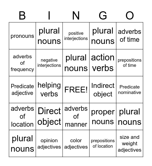 Parts of Speech BINGO Card