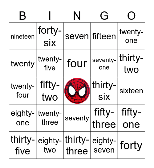 Números em inglês Bingo Card