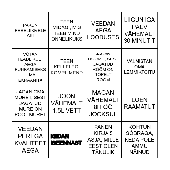 BINGO 12 sammu oma vaimse tervise toetamiseks Bingo Card