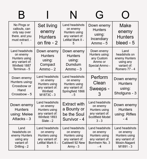 2025 hunt showdown normal Bingo Card