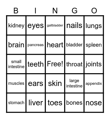 Body Parts BINGO Card