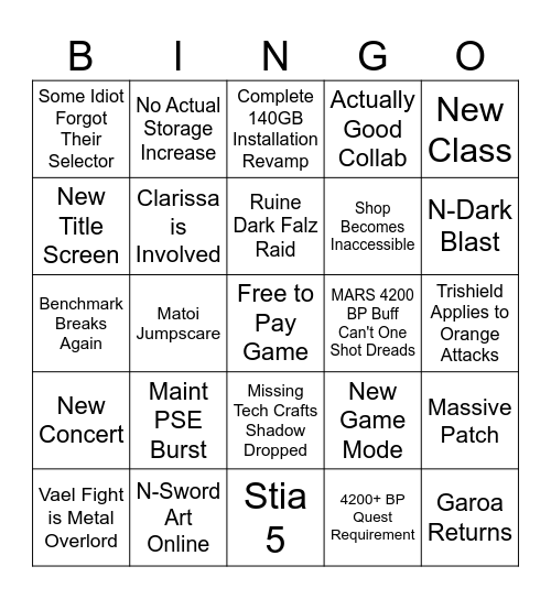 NGS Jan 5th Launch Day Bingo Card