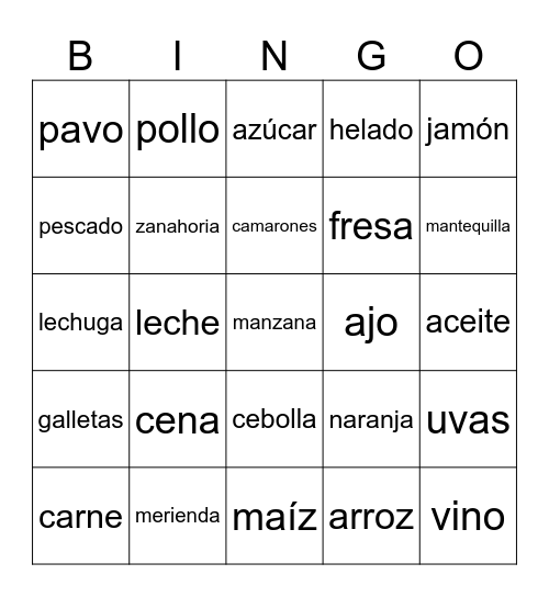 Comida y bebidas Bingo Card