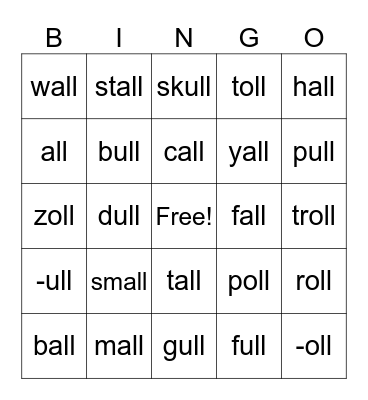 -all, -oll, -ull endings Bingo Card