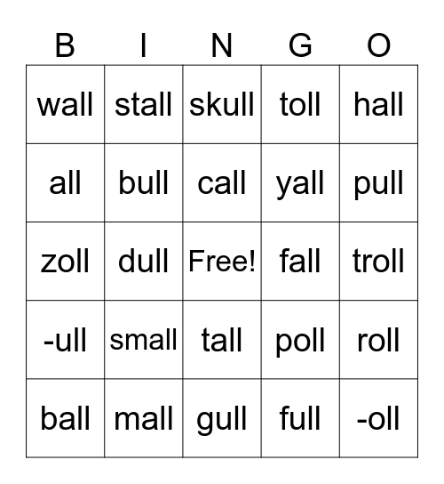 -all, -oll, -ull endings Bingo Card