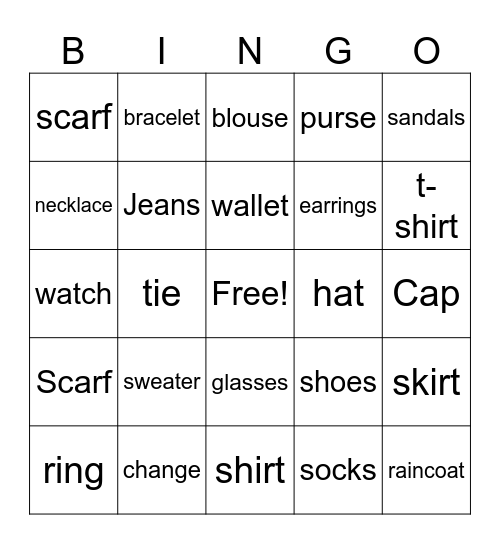 clothing Bingo Card