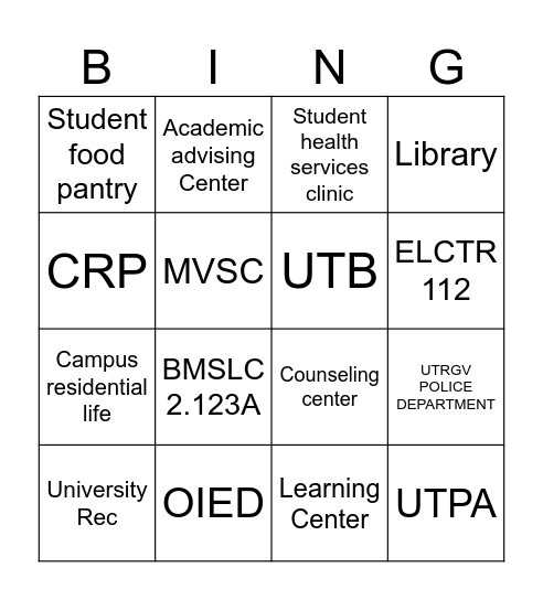 Campus resources bingo Card