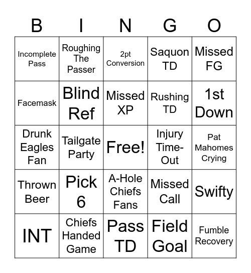SUPER BOWL BINGO Card