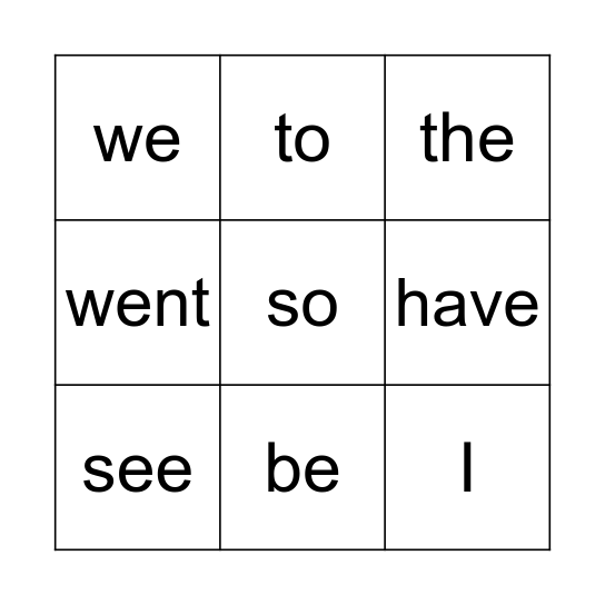 Heart Words Bingo Card