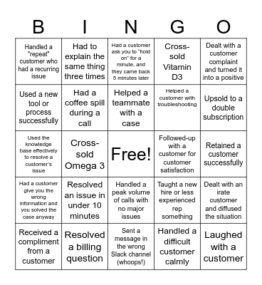 AG1 Customer Service Bingo Card