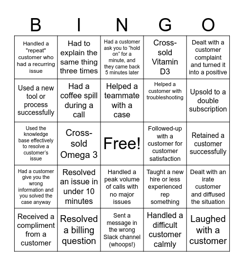 AG1 Customer Service Bingo Card
