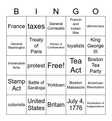 American Revolution Bingo Card