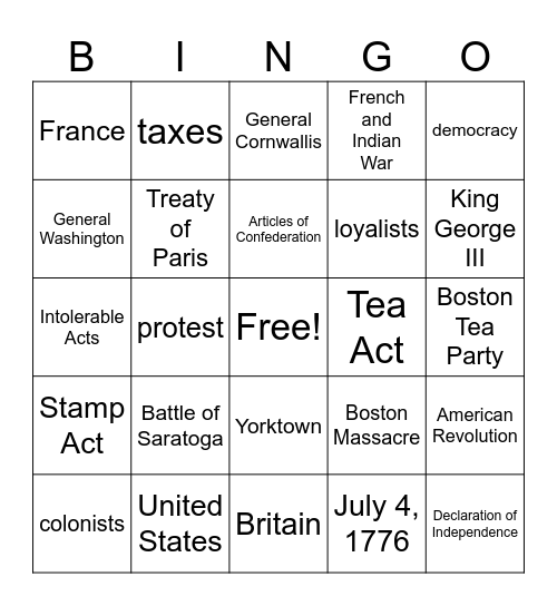 American Revolution Bingo Card