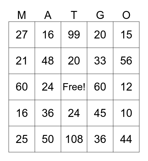 Multiplication Bingo Card
