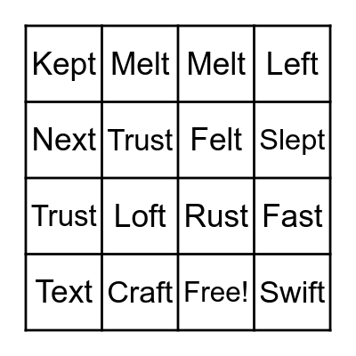 Ending T Blends Bingo Card