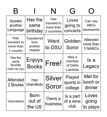 Sisterly Bingo Card