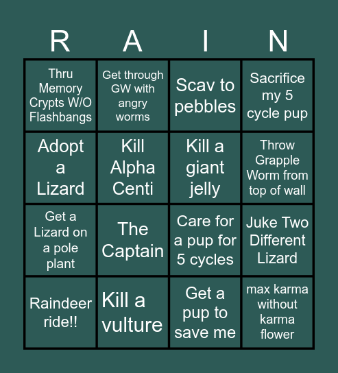 Rainy World Bingo Card
