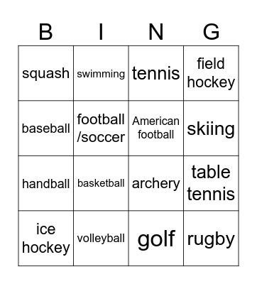 Sports (words) Bingo Card
