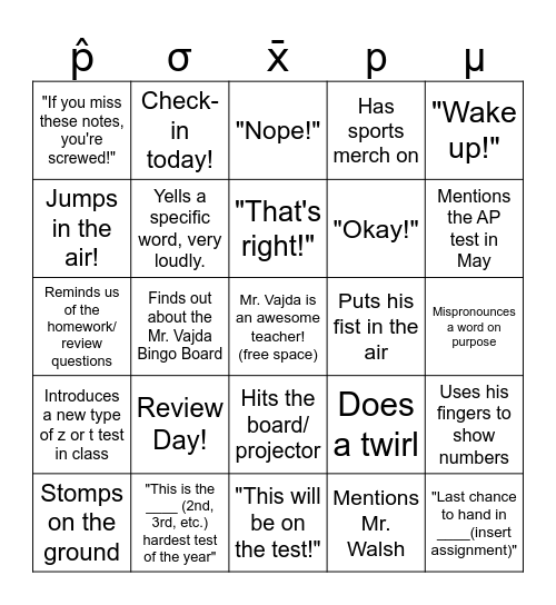 THE Mr. Vajda Bingo Board Bingo Card