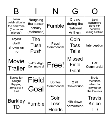 Super Bowl Bingo Card