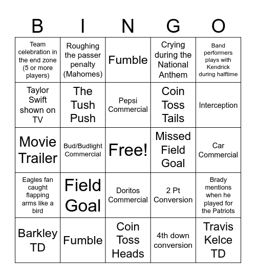 Super Bowl Bingo Card