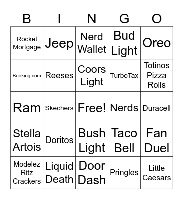 Super Bowl Commercials Bingo Card