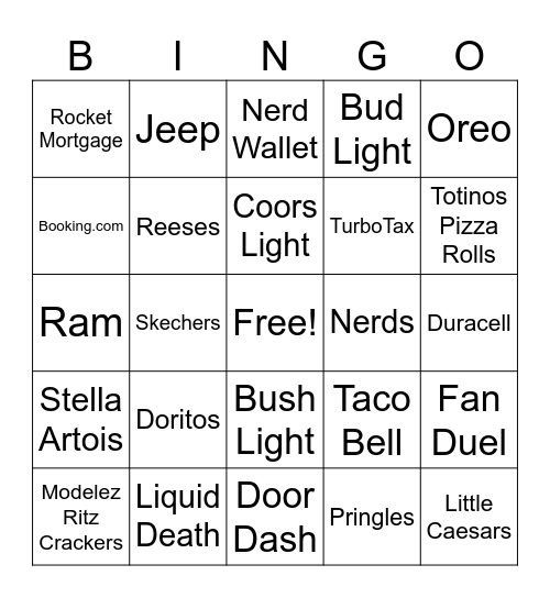 Super Bowl Commercials Bingo Card