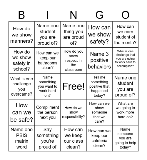 PBIS Bingo Card