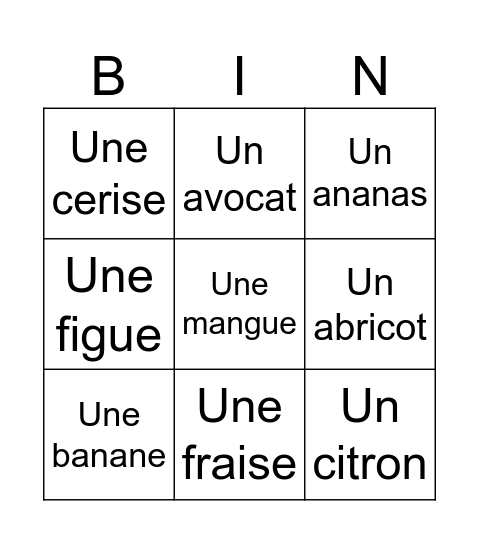 Vocabulaire des aliment Bingo Card