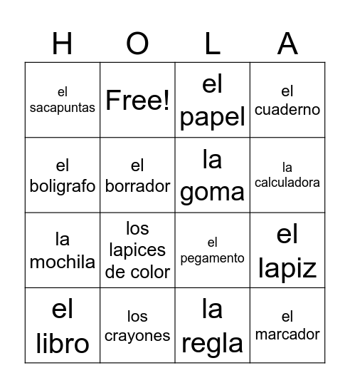 Los Útiles Escolares Bingo Card