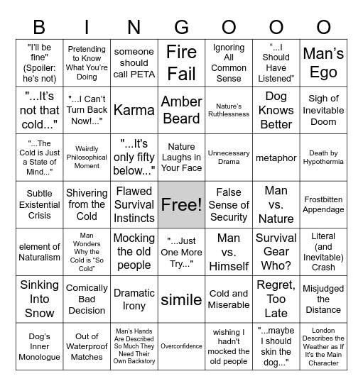 To Build a Fire Bingo Card