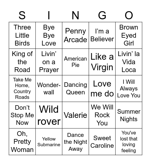 Singalong Bingo 2 Bingo Card