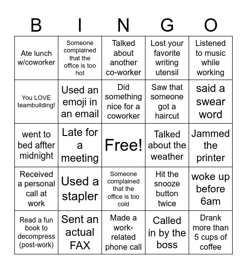 Workplace Bingo Card