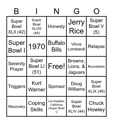 Superbowl Bingo - Recovery VS Addiction Bingo Card