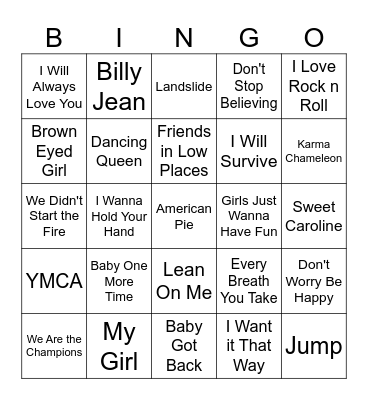Sing Along Songs Bingo Card